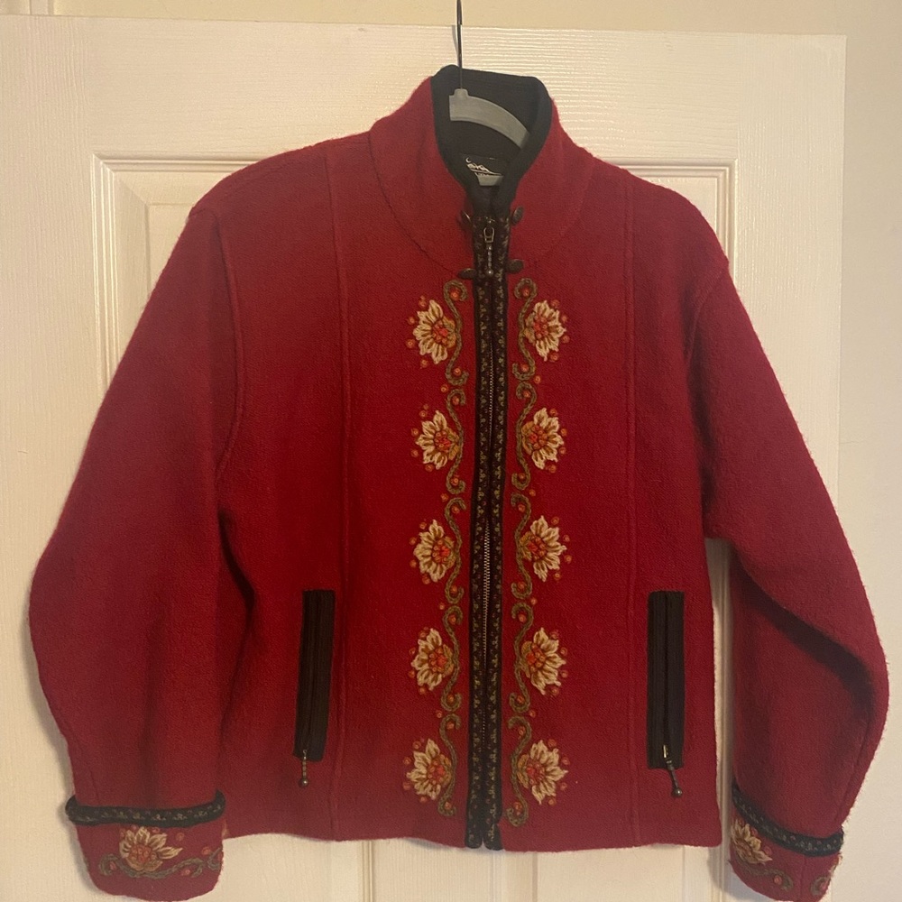 Vintage 100% wool Red Jacket with embroidery details.